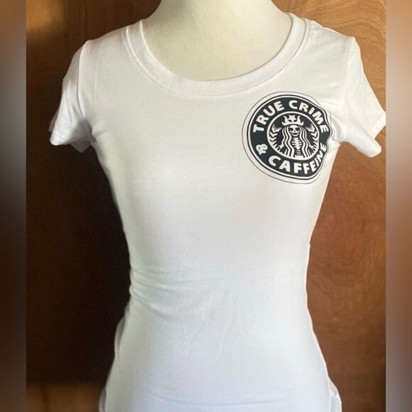 “True Crime & Caffeine”, White Ladies Fitted Tee, S-3X - Picture 6 of 9